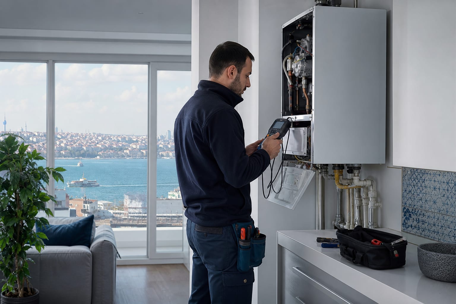 Kombi cihazını kontrol eden teknik servis personeli